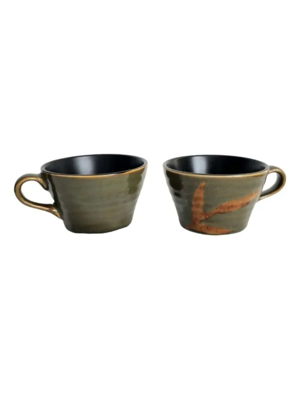 Set Of 2 Pier 1 DAKARA Tea Coffee Cup & Saucers Olive Green Black Interior Boho